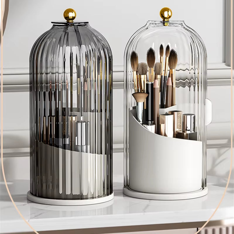 360° Rotating Makeup Brush Holder with Lid – Dustproof Cosmetic Organizer for Brushes, Lipsticks, Eyebrow Pencils & More