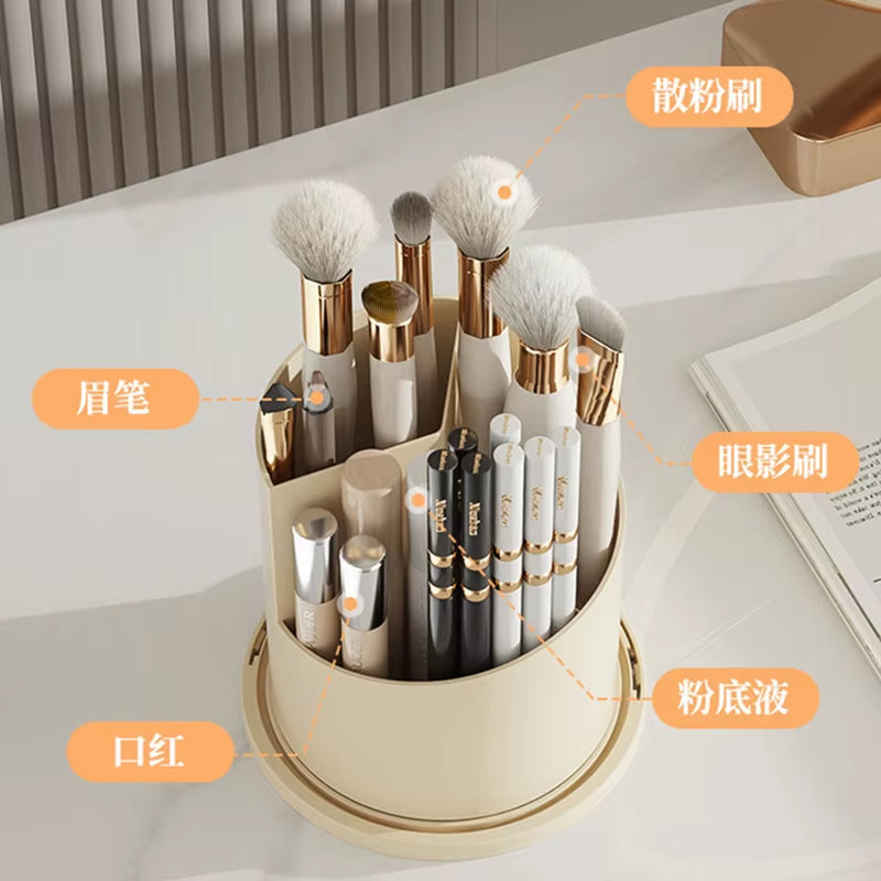 360° Rotating Makeup Brush Holder with Lid – Dustproof Cosmetic Organizer for Brushes, Lipsticks, Eyebrow Pencils & More