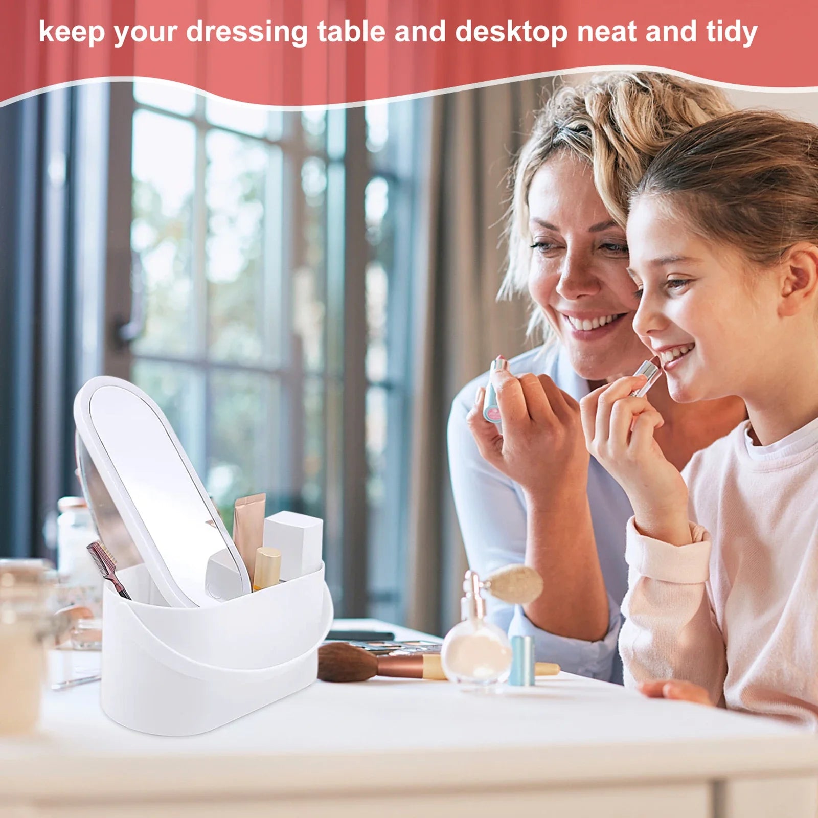 Portable Makeup Organizer with Mirror and LED Light Waterproof Cosmetic Storage Box Makeup Bag for Women and Girls