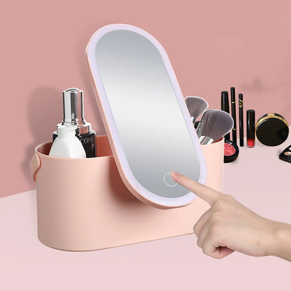 Portable Makeup Organizer with Mirror and LED Light Waterproof Cosmetic Storage Box Makeup Bag for Women and Girls