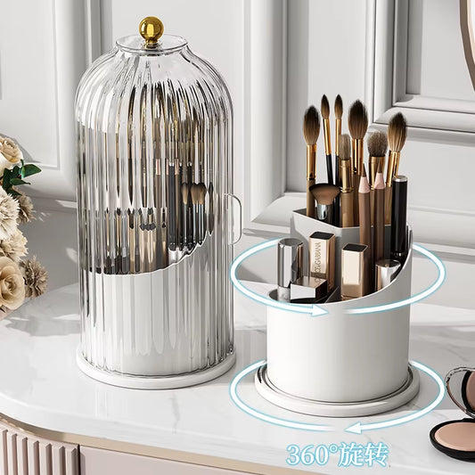 360° Rotating Makeup Brush Holder with Lid – Dustproof Cosmetic Organizer for Brushes, Lipsticks, Eyebrow Pencils & More